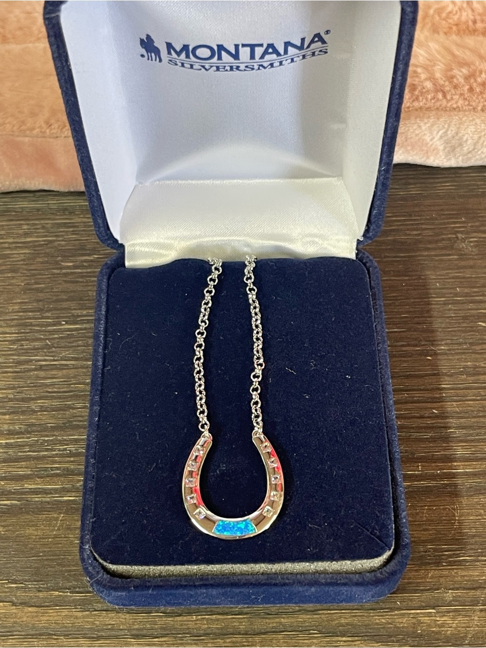 Montana Silversmiths Silver Horseshoe Pendant Necklace with Blue Opal